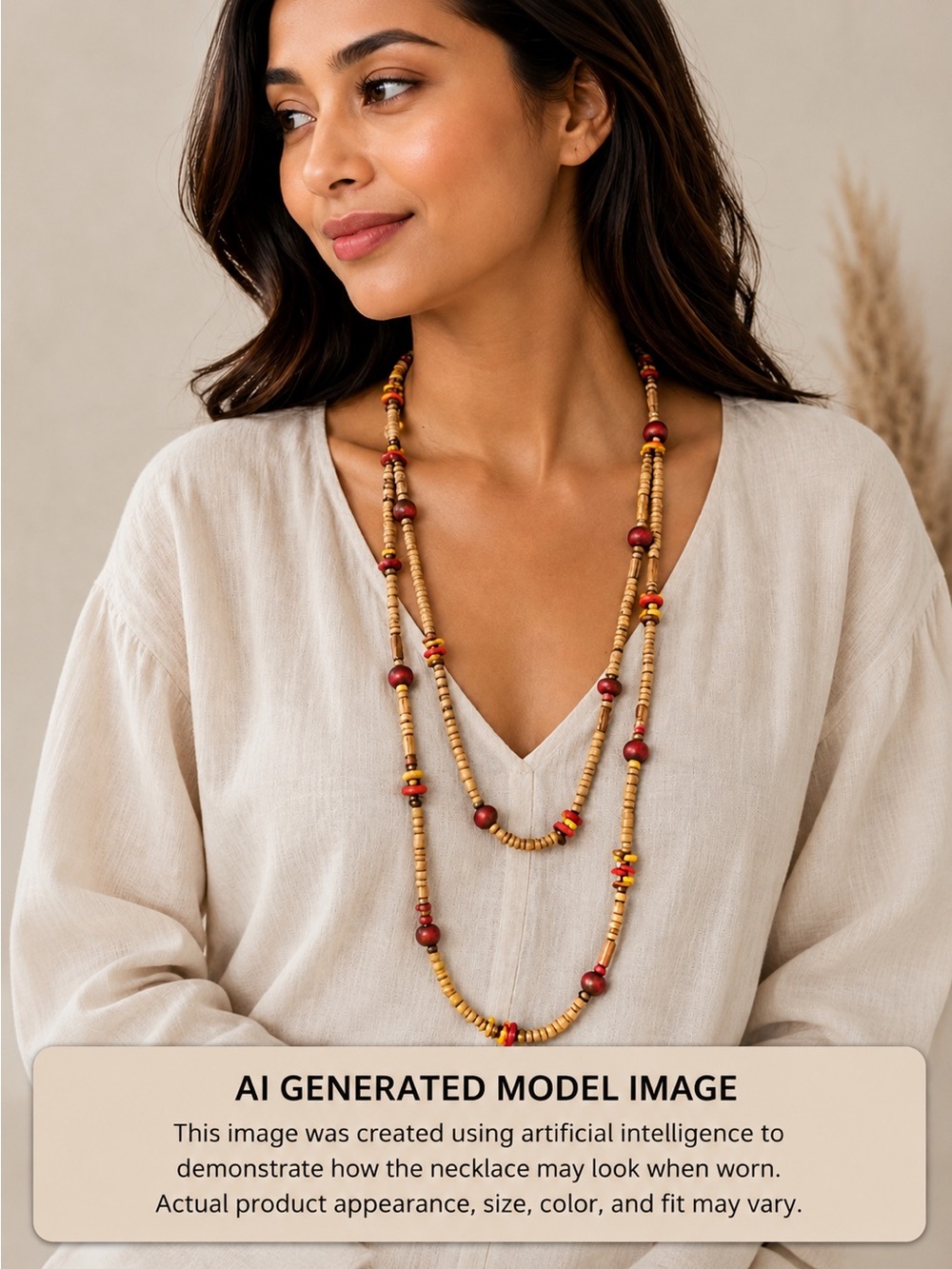 60 inch long Necklace with Fall Colored Wooded beads Beachy Brown Cranberry